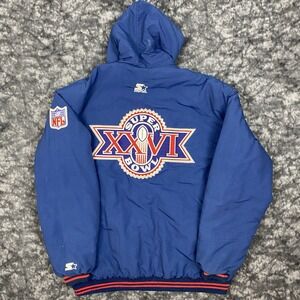 Vintage Starter Super Bowl Jacket Mens Size XL Blue XXVI USA Redskins Bills 90s